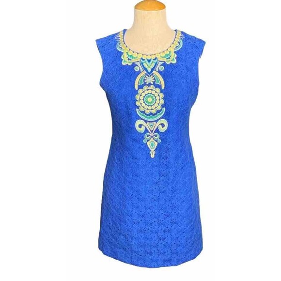 Lilly Pulitzer Valentina Shift Dress Sleeveless Lace Embroidered Blue Sz 8 - Picture 2 of 3